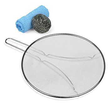 Splatter Screen Guard Stainless Steel for Cooking and Frying with Grease Oils - Heavy Duty with Resting Feet - Includes Microfiber Towel and Scouring Pad (Cleaning Kit) - 100% Rust Free … (13 inch)