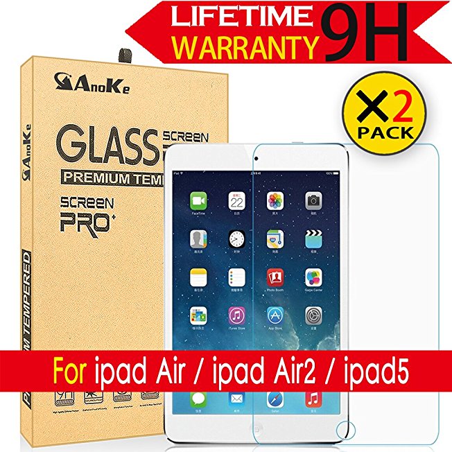 iPad Air / Air2 / iPad 5 Glass Screen Protector, [2-pack]AnoKe [Lifetime Warranty](0.3mm 9H) Tempered Film Shield Guard For Apple iPad 5 Glass -2PACK