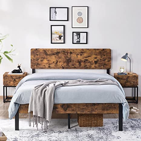 YAHEETECH Metal Platform Bed Frame Mattress Foundation with Rustic Style Wood Headboard/Storage No Box Spring Needed Anit-Slip Support Full Size