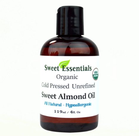 100 Pure Organic Unrefined Sweet Almond Oil - 4oz - Imported From Italy - Cold Pressed and Hexane Free - Natural Moisturizer - Great For Hair Skin and Nails - By Sweet Essentials