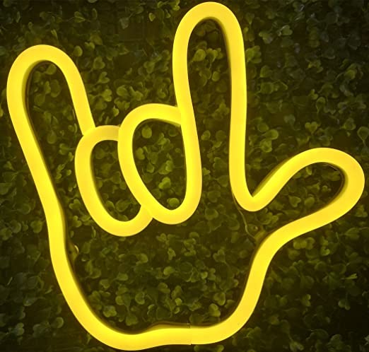 I Love You Gesture Finger& Palm LED Neon Sign Wall Decor Night Lights for Bedroom,Living Room, Christmas,Party as Kids Gift (Yellow, Love Gesture)