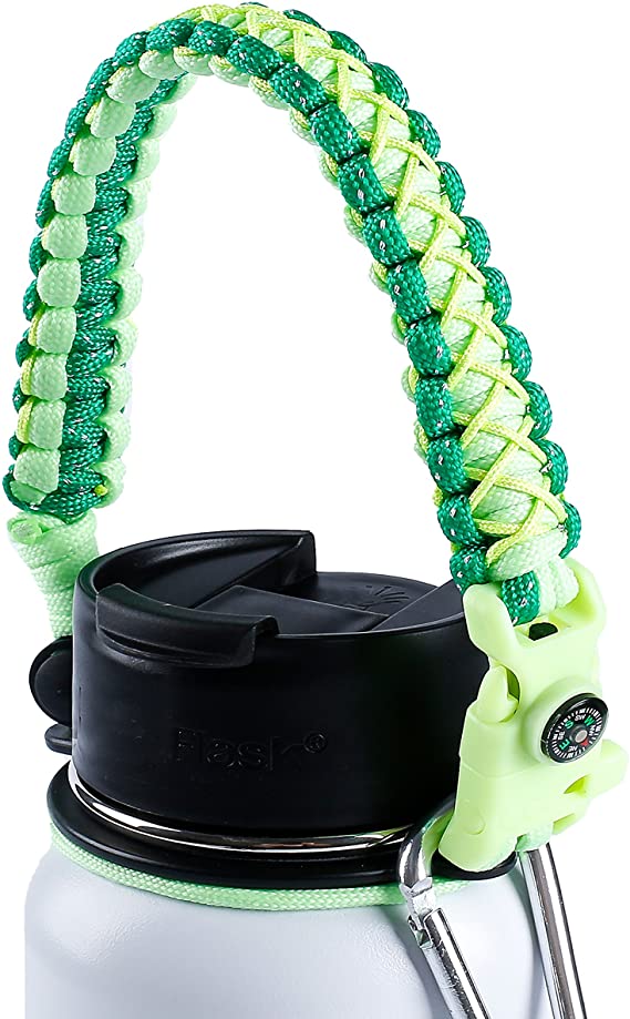 QeeLink Paracord Handle Compatible with Hydro Flask 1.0 Wide Mouth Water Bottles - Paracord Carrier Strap Cord with Safety Ring & Carabiner & Compass & Fire Starter, 12oz - 64oz
