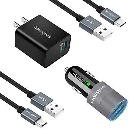 Meagoes Fast Charger Kit, Compatible for LG G8 ThinQ/G7 ThinQ/G6, V50 ThinQ/V40 ThinQ/V35 ThinQ/V30/V20 Phone, Rapid USB C Quick Charge 3.0 Wall Charger & Car Charger Bundle with 2 USB Type C Cord