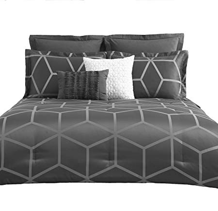 Chezmoi Collection Corvo-Com-Grey-Queen 5 Pieces Modern Jacquard Geometric Lattice Pattern Bedding Comforter Set