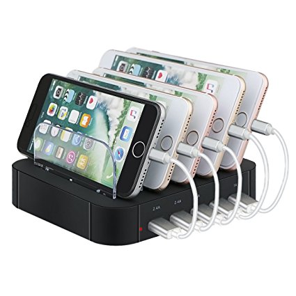 5-Port USB Charging Station, Topoint Multi Device USB Charging Docking Station HUB with 2 Lightning Charging Cords and 3 Micro USB Charging Cords for iPhones/Smart Phones/Tablets