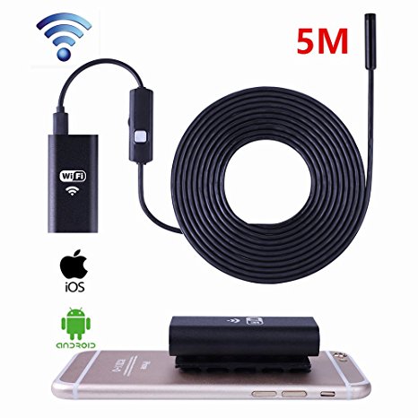 Wireless Endoscope, Housemall Wifi Borescope with 8mm Lens 6 LED Waterproof Endoscope Inspection Camera Endoscopic Semi Rigid Hard Tube and Software for Iphone IOS/Android/Smartphone/PC (5M)