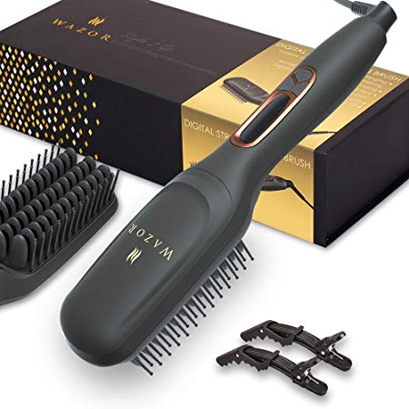 Ionic Hair Straightener Brush 1.75 Inch, 2 in 1 Ceramic Straightening Brush/Beard Straightener, Hot Comb with Anti-Scald Feature, 60 Min Auto-off & Auto Temp Lock, Gift Set