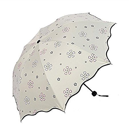 SUOWO COMPACT folding windproof travel umbrella color change light weight sun rain parasol umbrellas for kids girl women (Creamy White)