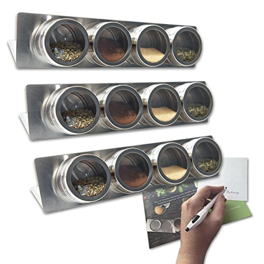 12 Magnetic Spice Tin Containers with Racks- NEW IMPROVED QUALITY!, 16 labels, FREE Spice Booklet! - Wall mounted - Easy Install (spices not included)