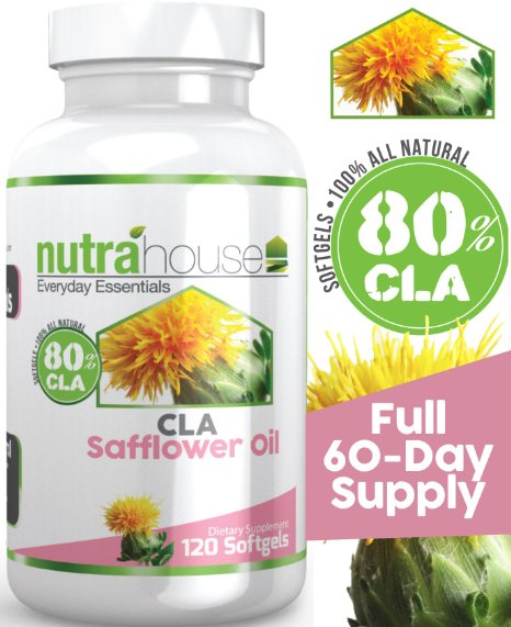 CLA Safflower Oil softgel by NutraHouse Vitamins. 120 Softgels, 80% Active Conjugated Linoleic Acid. Reduces belly fat and tones your abdominal area, Ideal for shaping and toning a six pack! Burn Store Fat. Natural Weight Loss.