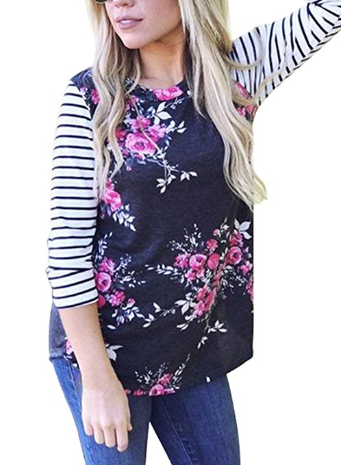 Annflat Women's 3 4 Sleeve Floral Print T-Shirts Casual Striped Blouse Tops