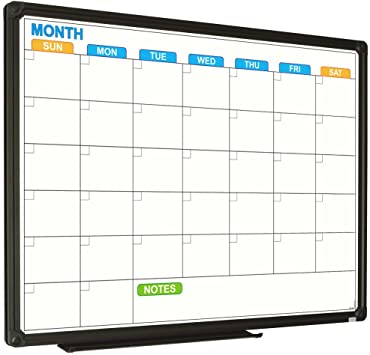 JILoffice Dry Erase Calendar Whiteboard - Magnetic White Board Calendar Monthly 24 X 18 Inch, Black Aluminium Frame Wall Mounted Board for Office Home and School