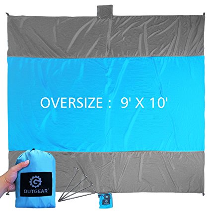 Outgear Sand Free Compact Outdoor Beach Blanket, Oversided 9' X 10' Family Pack Portable Picnic Mat, Made of 100% Parachute Nylon, Includes Four Stakes & Sand Anchors, Completely Sand Resistant