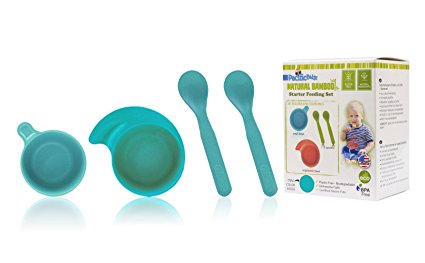 Pacific Baby All Natural Bamboo Baby Toddler Infant Starter Feeding Set Plastic-Free Spoons Bowls, Light Blue, 4 Piece