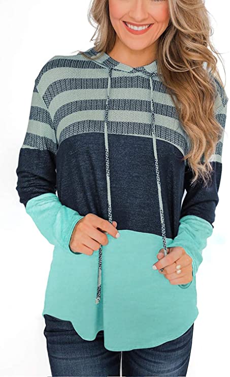 SMENG Hoodies Women Oversized Sweatshirt Drawstring Long Sleeve Colour Block Comfy Tops