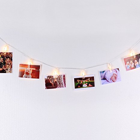 LED Photo Display String Lights with Timer Automatically ON/OFF Warm White 15ft/4.5m for Hanging Pictures Photos Cards and Notes Battery Powered, Photo Banner, Wall Decor Essential by Mojocraft