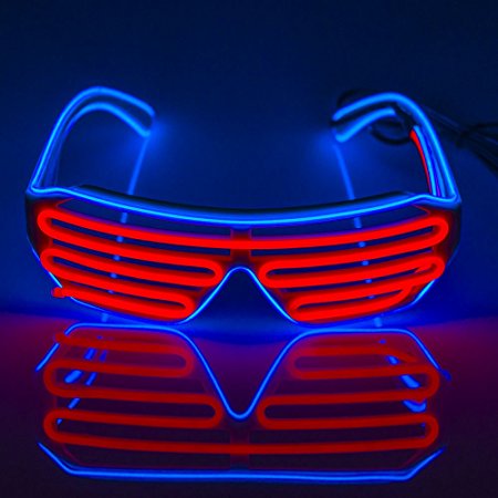 Fronnor EL Glasses El Wire Fashion Neon LED Light Up Shutter Shaped Glow Sun Glasses Rave Costume Party DJ Bright SunGlasses(Blue Frame Pink)