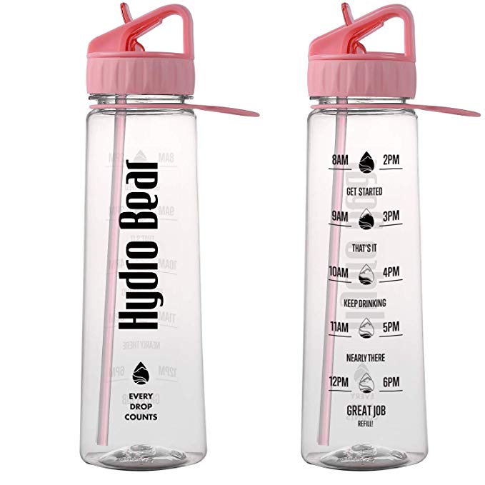 Hydro Bear Motivational Fitness Sports Water Bottle with Time Marker | Measurements | Drink More Water Daily | BPA Free Tritan with Flip Straw | for Outdoors Camping Hiking Cycling | Large 30 Ounce