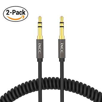 Coiled Aux Cord, iXCC 2-Pack 6 Feet Male to Male 3.5mm Auxiliary Stereo Audio Cable with Gold Plated Connectors for Car and All 3.5mm-Enabled Smartphones, Tablet and MP3 Players