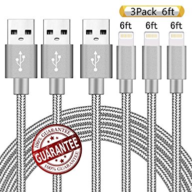 Zcen Lightning Cable, 3Pack 6Ft Nylon Braided Cord iPhone Cable to USB Charging Charger for iPhone 7, Plus, 6, 6S, SE, 5S, 5, 5C, iPad, iPod (Grey)