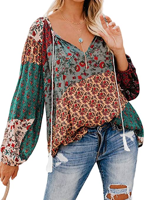 FARYSAYS Women's Casual Boho Floral Print V Neck Long Sleeve Shirts Tops Loose Blouses