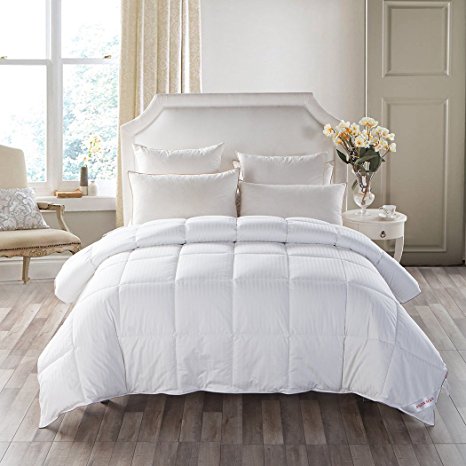 Medium Weight White Goose Down Featehr Comforter Warmth Duvet Insert ,100% Cotton Cover,Super Fluffy,King/Queen/Twin Size, White Stripes (Queen:90"x90"in)