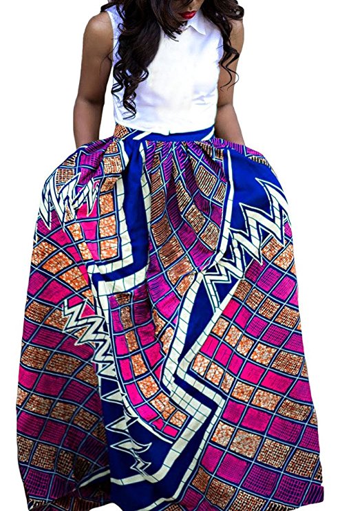 Annflat Women's African Floral Print Maxi Skirts A Line Long Skirts With Pocket(S-2XL)
