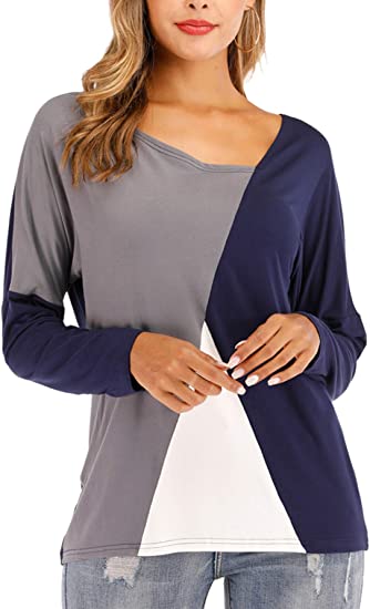 Women's Long Sleeve Modal Shirts for Work Casual Tee Shirts Patchwork Color Block Loose Fits Tunic Tops Blouses S-2XL