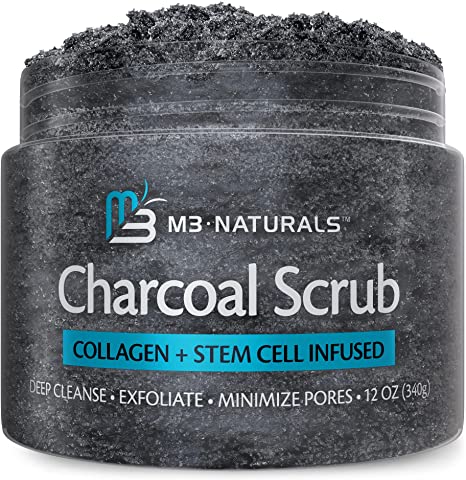M3 Naturals Charcoal Exfoliating Body Scrub Polish with Collagen & Stem Cell Gentle Body Exfoliator Face Scrub Bump Eraser Booty Scrub Best Shower Scrub Skin Exfoliant for Men & Women 12 oz