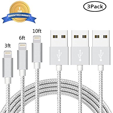 iPhone Charger Chamfind,iPhone Lightning to USB Cable (3Pack 3FT 6FT 10FT) Syncing and Charging Cord for iPhone 7,iPhone6,6s, 6 Plus,6s Plus, iPhone 5 5s 5c,SE, iPad Air, iPod,iPod (SGrayWhite)
