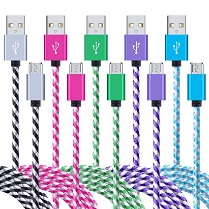6Ft Micro USB Charging Cord, 5 Pack Niniber Nylon Braided Fast Charger Cable for Android Phones, Samsung Galaxy S7 S6 Edge, Tab, Note, LG, HTC, BLU, Moto, More