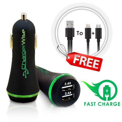 Car Charger Black with a FREE GIFT 2 in 1 Charging Cable - ChargerWise - Dual USB Port Universal Charger 48A 24W With a FREE GIFT Dual Charging Cable Compatible with iPhone Samsung HTC MP3 Players Garmin And More - Keep All Your Apple And Android USB Devices Fully Charged Wherever You Go