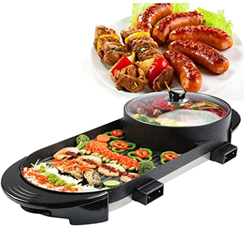 Professional Electric 2 in 1 BBQ Hot Pot Korean BBQ Grill with Electric BBQ Pan and Hotpot, Smokeless Grill Indoor, Capacity for 3-8 People,110V