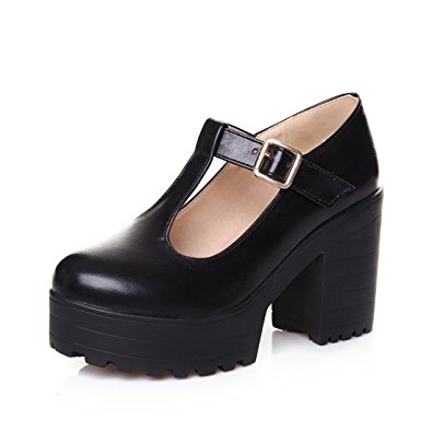 Milesline Fashion Women's Round Toe Platform Shoes T-strap Chunky Heel Mary Jane Pumps