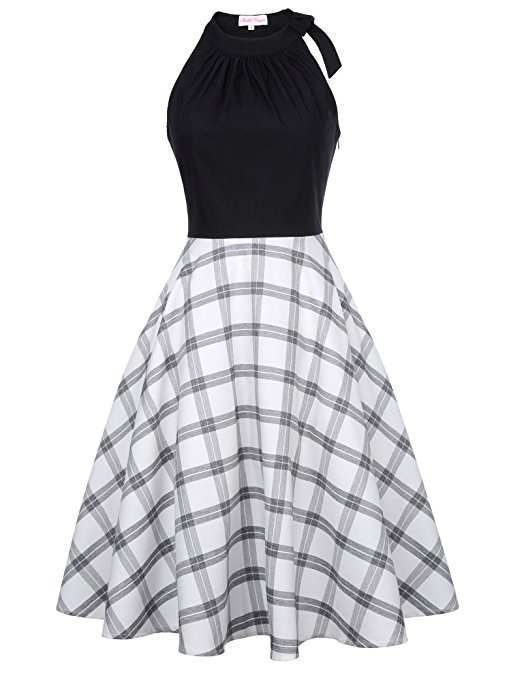 Belle Poque Vintage Halter Bow-Knot Contrast Dress Sleeveless Plaid Swing Dress BP331