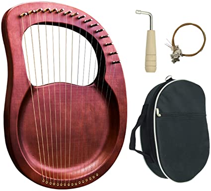 Lyre Harp, 16 Metal String Mahogany Plywood Body String Instrument with Tuning Wrench and Carry Bag