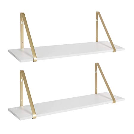 Kate and Laurel Soloman White Wooden Shelves with Gold Metal Brackets, 2 Piece Set