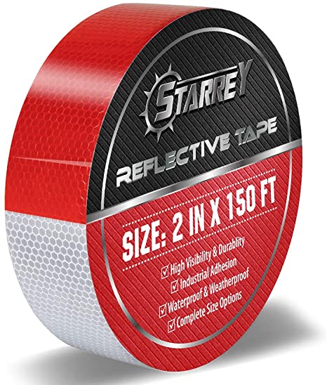 Starrey Reflective Tape Red White 2 IN X 150 FT Waterproof Self Adhesive Trailer Safety Caution Reflector Conspicuity Tape for Trucks Cars