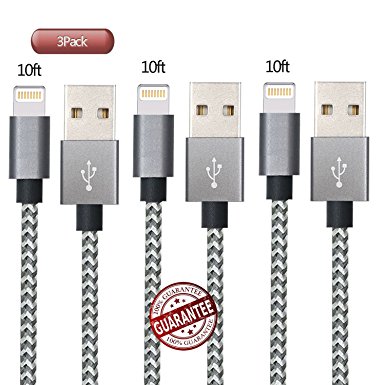 Zcen Lightning Cable, 3 Pack 10 Feet - Nylon Braided Cord iPhone Cable to USB Charging Charger for iPhone 7, Plus, 6, 6S, SE, 5S, 5, 5C, iPad, iPod [Grey White]