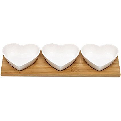 Home Treats White Heart Shaped Dip Bowls, With Wooden Serving Tray. Ceramic Set of 3