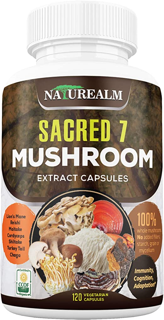 Sacred 7 Organic Mushroom Extract Capsules - Lion's Mane, Chaga, Reishi, Cordyceps, Turkey Tail, Maitake, Shiitake Immunity Supplement - Real Mushrooms, No Fillers - 120 Veggie Caps