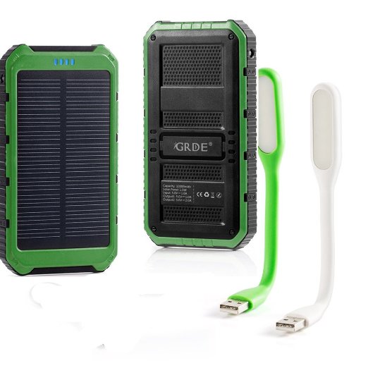 10000mAh Solar Phone Charger with 2 Mini Lamps Portable Outdoor Solar Power Bank Dual USB Battery Charger External Backup Power Pack for Smartphones Camera GPS Tablets and Other 5V USB Devices-Green