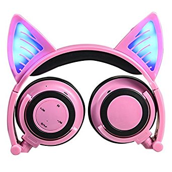 Cat Ear Headphones,SNOW WI Wireless Bluetooth Flashing Glowing Cosplay Fancy Cat Headphones Foldable Over-Ear Earphone with LED Flash light for iPhone 7/6S/iPad,Android Mobile Phone,Macbook(Pink)