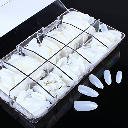 BTArtbox 500 Pcs Long Oval Shap Full Cover Color Atificial Nail Tips,Sizes Ranging from 0-9 With case (Natural)