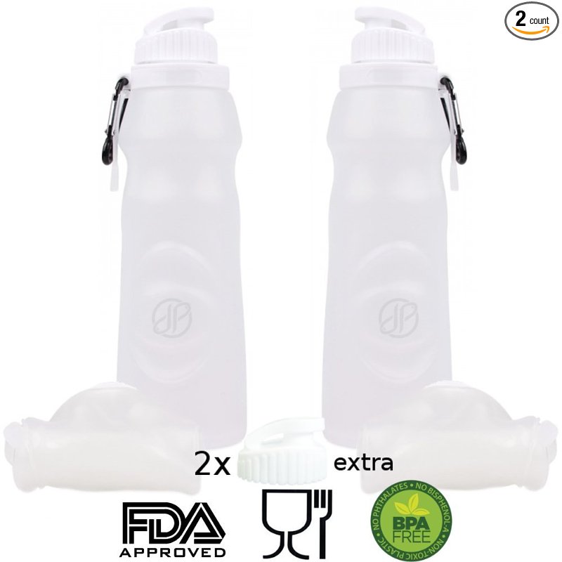 Collapsible Silicone 20oz Water Bottle Set of 2 - Reusable Foldable Leak Proof Sports Canteen Camping Hiking Cycling Yoga Crossfit Air Travel - EXTRA LIDs Included Clear 20oz