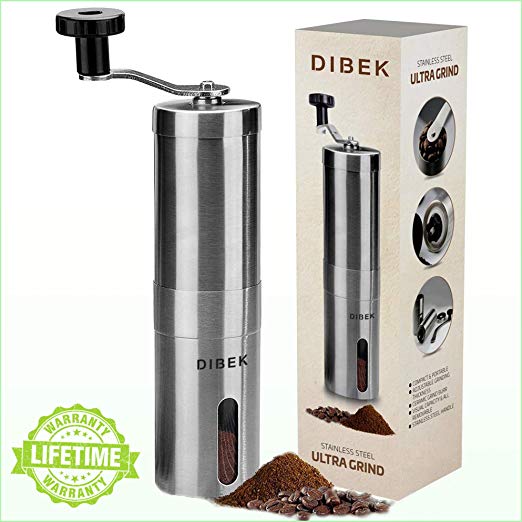 DIBEK UPGRADED VERSION Manual Coffee Grinder, Conical Burr Mill, Brushed Stainless Steel - Lifetime Warranty