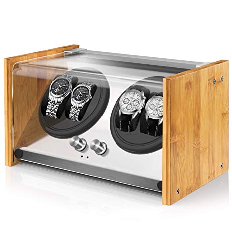 Watch Winder Box 4 for Automatic Watches or Rolex Couple Size, Craftsmanship 100% Bamboo Wood Patent Housing Case, AC or Battery Powered Super Quiet Japanese Motor by Watch Winder Smith