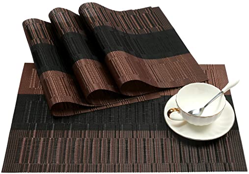 SHACOS Placemats Set of 4 Woven Vinyl Placemat for Dining Table Heat Resistant Wipe Clean (4, Ombre Coffee Black)