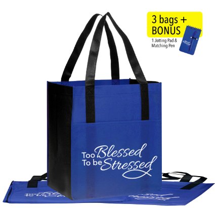 3 Pack Foldable Eco-Friendly Reusable Shopping Bags with Religious Christian Quote Too Blessed to be Stressed  BONUS 1 Jotting Pad and Matching Pen