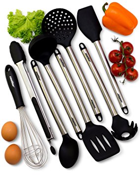 Kitchen Utensils Set - 8 Piece Cooking Nonstick Silicone and Stainless Steel Utensils Kit for Pots and Pans - Serving Tongs, Spoon, Spatula Tools, Slotted Turner, Pasta Server, Ladle, Strainer, Whisk